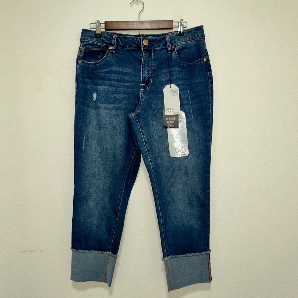 1822 Denim Taylor Jeans Womens 16 Blue Crop Skinny Cuffed Stretch Distressed NWT